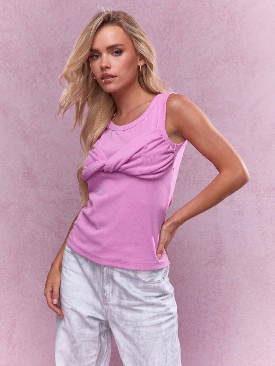 MISSGUIDED Top canottiera a costine con dettaglio a nodo attorcigliato sul busto - Rosa - Visualizzare 1