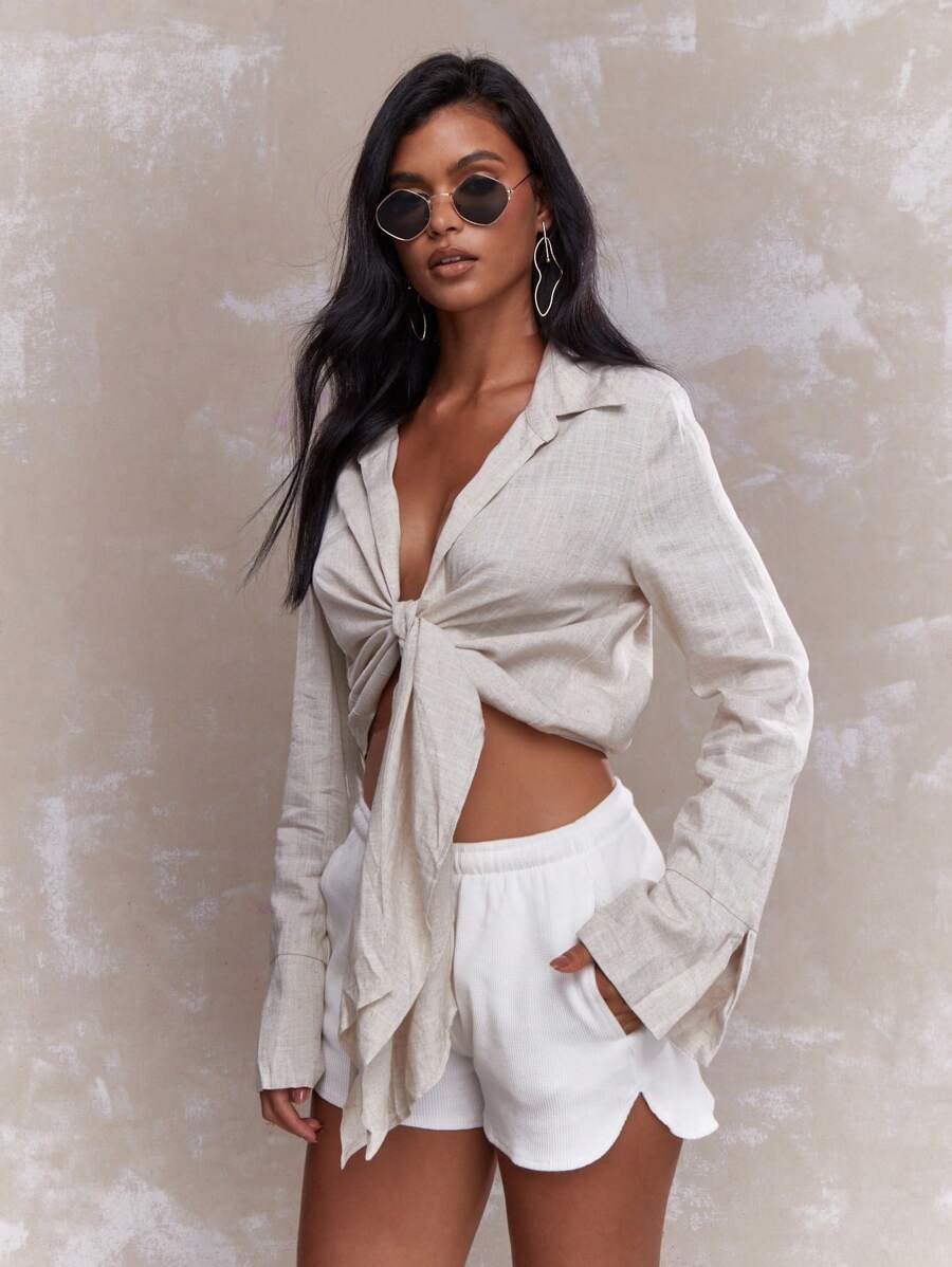 MISSGUIDED Rave Tying Knot Detail Linen Long Sleeve Crop Shirt Blouse - Beige - View 1