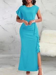 Women's Solid Color Minimalist Elegant Everyday Dress - Blue - View 1