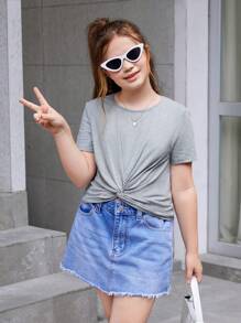 SHEIN Tween Girls Extended Size Casual Solid Color Round Neck Twist Knot Multipack Tops