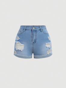 SHEIN Girlism Teen Girls' Denim Effect Solid Top And Distressed Blue Denim Shorts 2pcs/Set - Multicolor - View 4
