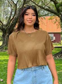 SHEIN EZwear Plus Size Women's Summer Solid Color Round Neck Short Sleeve T-Shirt With Frill Trim - Brown - View 7