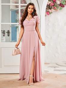 Butterfly Sleeve High Slit Fitted Chiffon Bridesmaid Dress - Pink - View 4