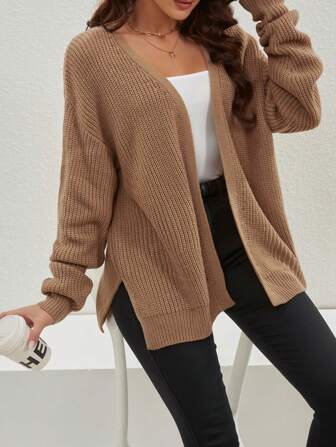 Spring/Autumn Casual Solid Color Loose Cardigan With Side Slits And Drop Shoulders,Long Sleeve Tops