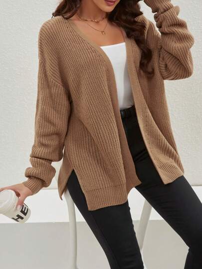 Spring/Autumn Casual Solid Color Loose Cardigan With Side Slits And Drop Shoulders,Long Sleeve Tops