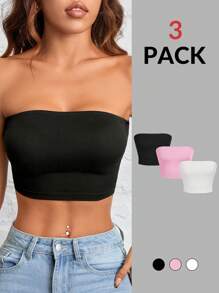 SHEIN PETITE 3-Piece Casual Simple Solid Color Tight Short Outer Wear Tube Top Women's Tops For Summer - Multicolor - View 8