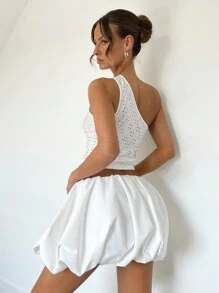 SHEIN Essnce 女士夏季時尚白色低腰鬆緊收褶邊裙，夏季裙子婚禮女裝 - 白色 - 查看 2