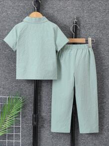 Young Boys Solid Color Simple Daily Short Sleeve T-Shirt And Long Pants, 2pcs/Set - Green - View 2