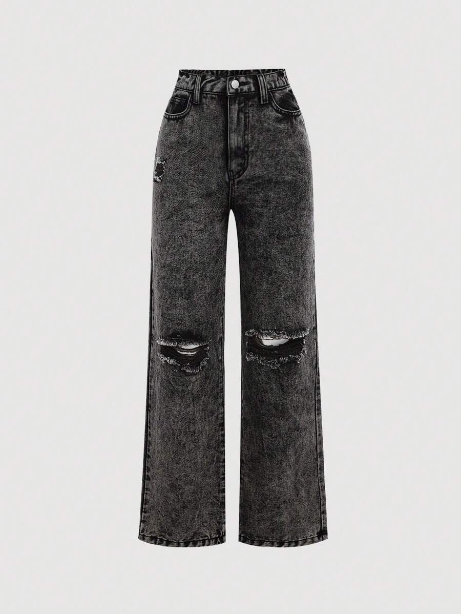 SHEIN Girlism Teen Girls Simple Solid Color Daily Ripped Jeans - Grey - View 1