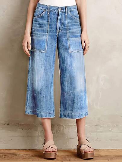 Pocket Strap Straight-Leg Women's Denim Capri Pants