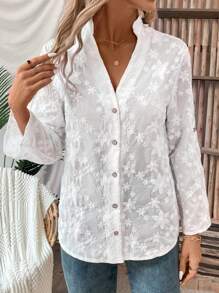 EMERY ROSE Camisa tipo cárdigan bordado para mujer, camiseta de manga larga - Blanco - Ver 5