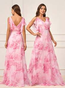 SHEIN Belle Women's Pink Elegant Spring Wedding Formal Bridesmaid Dress, Large Flower Print Ultra-Soft Gauze,Pleated V-Neck Asymmetrical Ruffle Sleeves - Pink - View 1