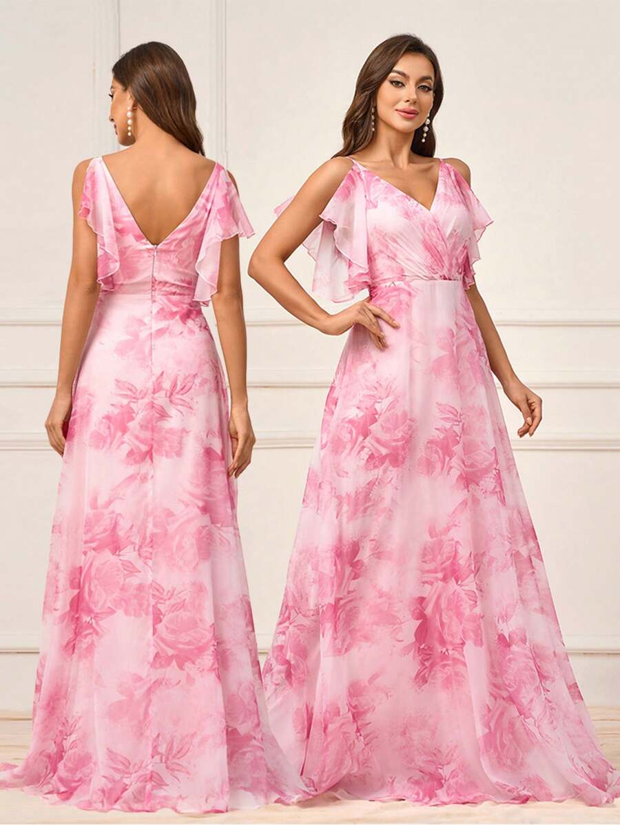 SHEIN Belle Women's Pink Elegant Spring Wedding Formal Bridesmaid Dress, Large Flower Print Ultra-Soft Gauze,Pleated V-Neck Asymmetrical Ruffle Sleeves - Pink - View 1