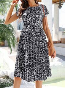 Women's Summer Bohemian Floral Print Batwing Sleeve Dress Tie Waist Ruffle Hem Casual Vacation Maxi Black Beach Sundress - 黑色 - 查看 6