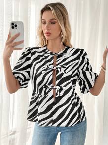 SHEIN Essnce Black And White Zebra Animal Print Bow Tie Women's Blouse 2024, Loose Solid Color Puff Sleeve Pleated Shirt Tops, New Arrivals In Spring Summer Shirt Tie Front