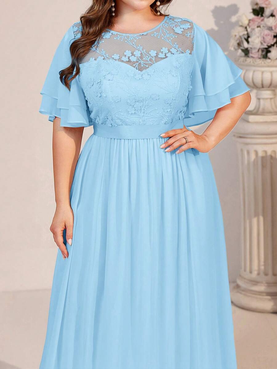 SHEIN Belle Plus Size Bridesmaid Dress, Elegant Lace Patchwork With Chic Ruffles - Baby Blue - View 1