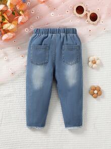 Cute Embroidered Full Length Jeans For Baby Girls, Washed Denim - Medium Wash - View 2