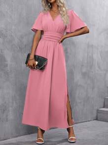 EMERY ROSE Deep V-Neck Lotus Leaf Sleeve Split Hem Women's Summer Dress Maxi Women Outfit