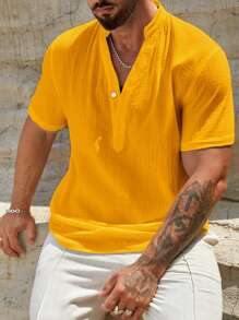 HIMLAND Loose Fit Men's Solid Half Button Shirt, Old Money - Yellow - View 3