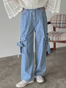 FRIFUL Jeans casuales sueltos de moda para mujer de unicolor con bolsillos grandes - Lavado ligero - Ver 3