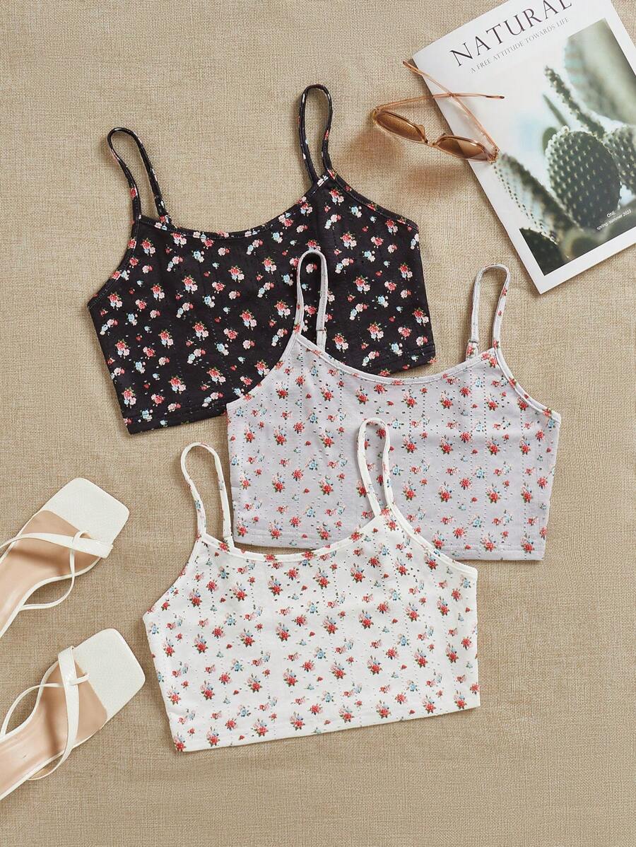 Shein Underwear&Sleepwear Basics Conjunto de pijama de 3 piezas para mujer con top de camisola con estampado floral pequeño