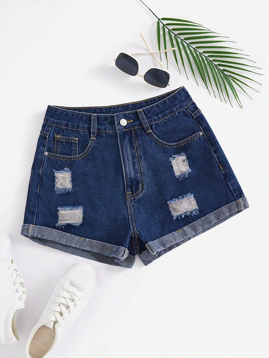 SHEIN EZwear Quần short denim sờn & sờn thời trang dành cho nữ - Rửa tối - Xem 1