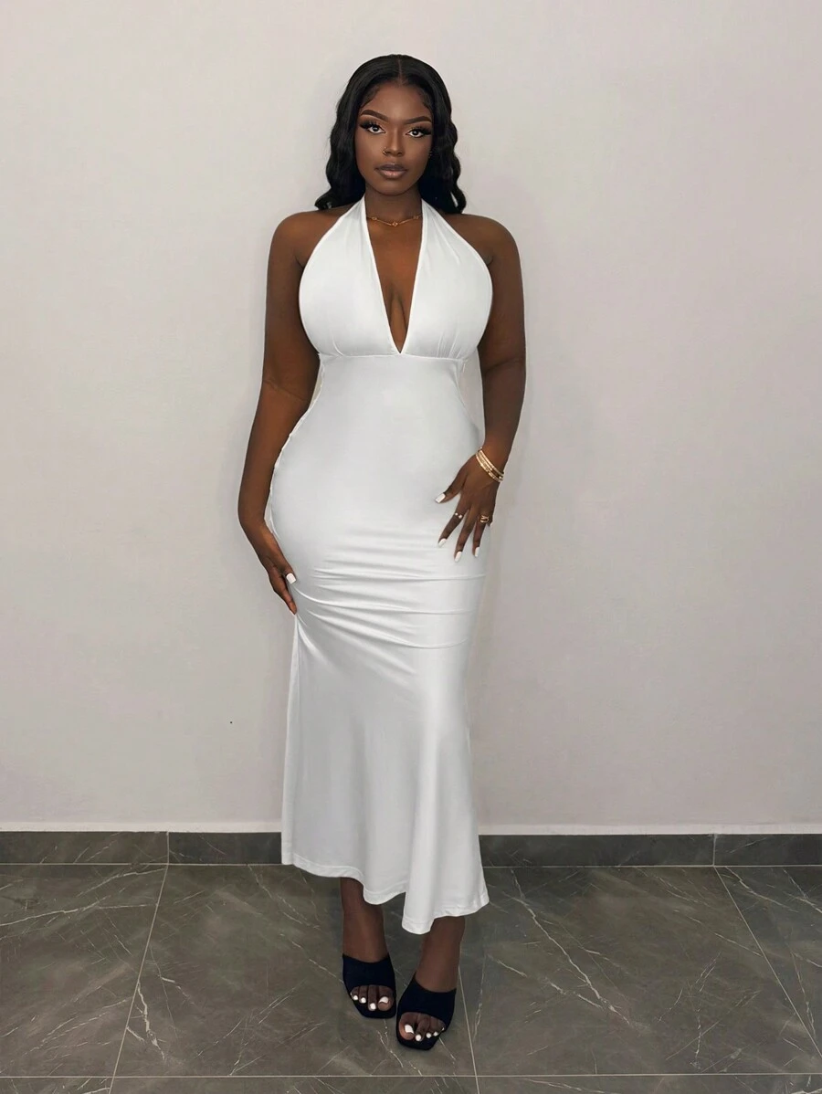 Slaydiva 优雅挂脖V领紧身鱼尾长裙白色缎面女士连衣裙婚礼女士连衣裙 - 白色 - 查看 1