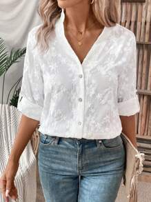 EMERY ROSE Camisa tipo cárdigan bordado para mujer, camiseta de manga larga - Blanco - Ver 7