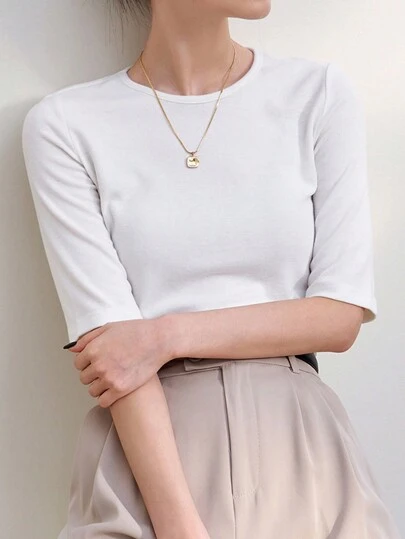 Dazy-Less 纯色圆领T恤，复古风学院风上衣，商务休闲女式工作服