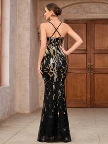 SHEIN Belle Sequin Fitted Party Printed Cami Dress For Holiday Party Clothes Maxi Women Outfit