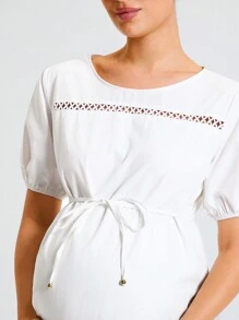 MaterniWear Maternity Elegant Short Sleeve Belted Bowknot Round Neck Loose Fit Mid-Length Casual Dress For Work And Leisure