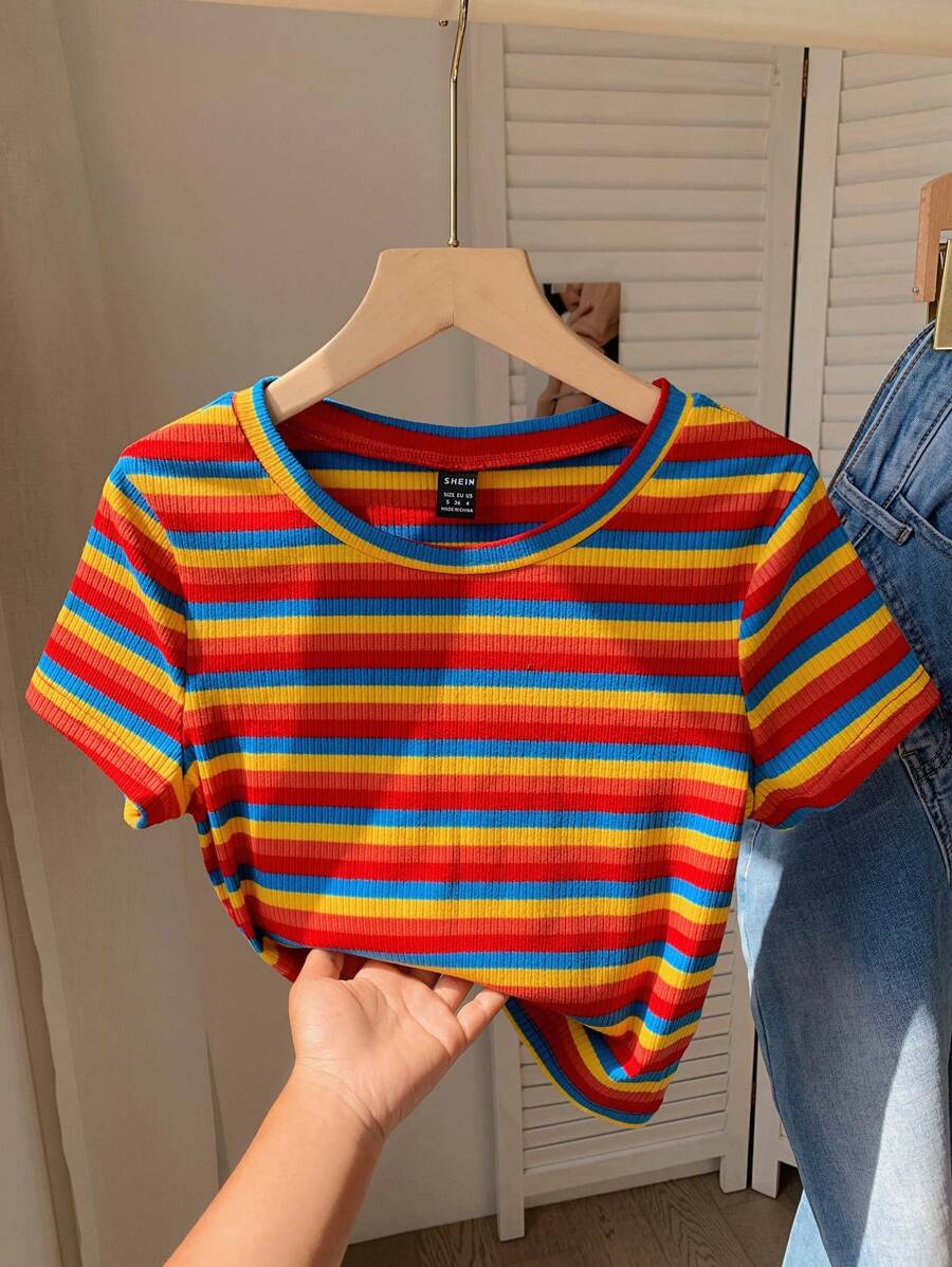 Comfortcana Colorful Striped Knitted Slim-Fit Women's T-Shirt