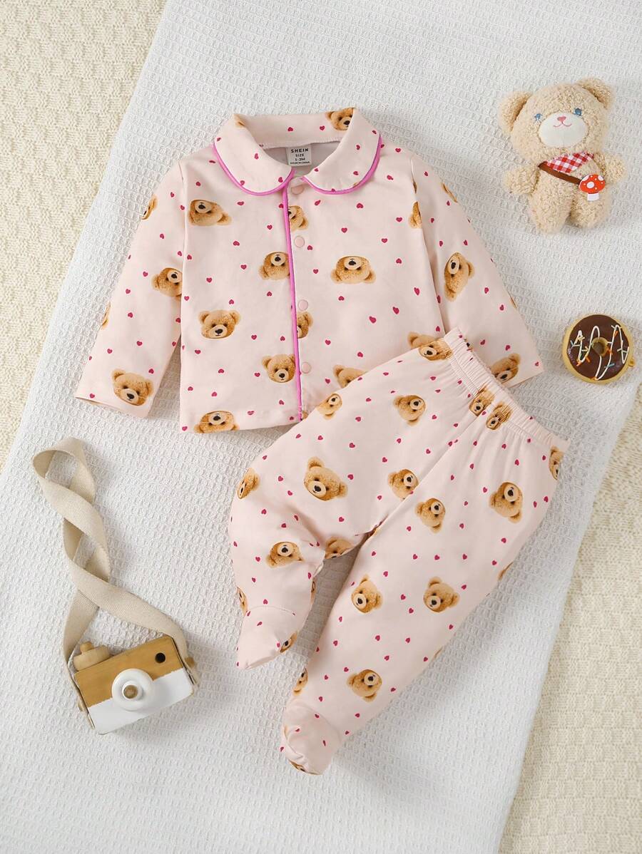 SHEIN 嬰女可愛深杏仁熊印花長袖針織開襟毛衣連長褲，休閒2件套家居服裝 - 彩色 - 查看 1