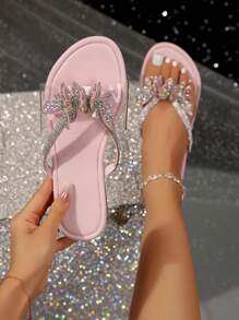 Women's Sandals 24th Anniversary Flat Bottom Rhinestone Slippers, Fashionable Plus Size Butterfly Slipper Shoes, Outdoor Wear With Round Toe Valentines - Pink - View 1