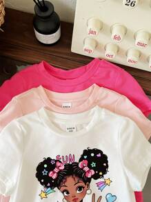 SHEIN 3 pièces T-shirts graphiques décontractés à manches courtes et col rond pour bébés filles, blanc + rose clair + rose, convient pour l'été