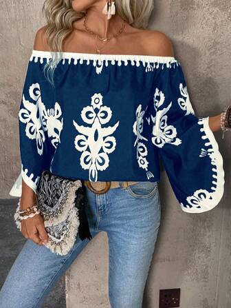 EMERY ROSE Damen Vintage Oversize Urlaubs Off-Shoulder Hemd mit Blumendruck und Glockenärmeln, Dreiviertel Ärmel Oberteil