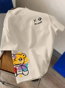 Manfinity Homme Men's Summer Casual T-Shirt With Slogan And Bear Print, Short-Sleeved - Khaki - View 2