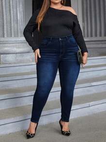 SHEIN CURVE+ Plus Size Women's Solid Color Simple Everyday Jeans - Dark Wash - View 4