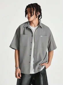 Manfinity RebelGame Men's Loose Embroidered English Pattern Short Sleeve Woven Shirt, Suitable For Summer - Dark Grey - View 4