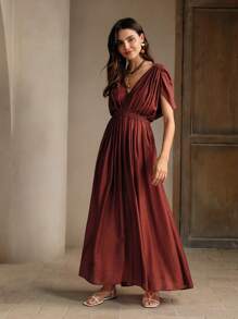 Anewsta Classic & Romantic Women's V-Neck Pleated Waist Dress With Linen Fabric Maxi Women Outfit