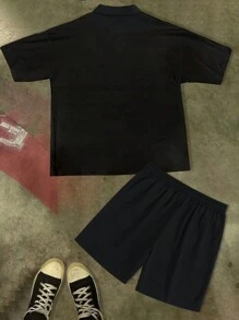 Manfinity EMRG Men's Summer Casual Hand Cross, Letter & Lightning Print Short Sleeve Shirt And Shorts Set , Graphic , Urban , Colorful , Boyfriend Gift , Y2k