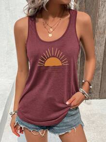 INAWLY Áo ba lỗ cổ tròn in hình hoàng hôn cho nữ, mùa hè - Gỗ đỏ - Xem 3