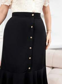 Mulvari Plus Size Summer Elegant Solid Color Front Button Mermaid Skirt - Black - View 3