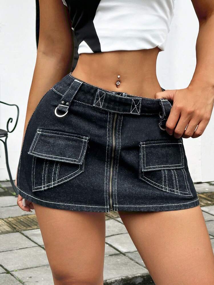 Women's Workwear Denim Skirt With Pocket And Contrast Stitching Design