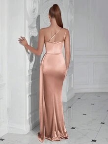 ADYCE One Shoulder Ruffle High Slit Long Party Dress With Flowing Ribbon Elegant Formal Evening Prom Wedding Guest Gown, For Graduation, Dinner - Dusty Pink - View 2