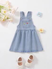 Baby Girl Distressed Denim Dress With Lovable Embroidery - Medium Wash - View 1