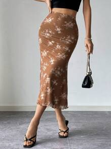 Firerie 女士浪漫印花魚尾搖擺彈性網紗裙 - 棕色 - 查看 6