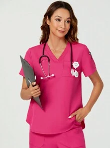 TaskEZ Shein Essnce Women Nurse Uniform Scrubs Summer  Casual Solid Color Short Sleeve Scrub Top With 3 Pockets & Matte Finish V-Neck - Hot Pink - View 7