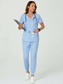 TaskEZ 女士護士制服夏季藍色護士制服兩件套裝，2個口袋短袖頂部，彈性腰帶束繩適合跑步休閒褲