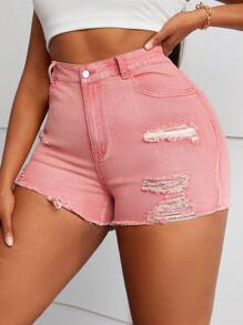 SHEIN SXY Plus Size Women's Pink High-Stretch Denim Distressed Shorts - Watermelon Pink - View 5